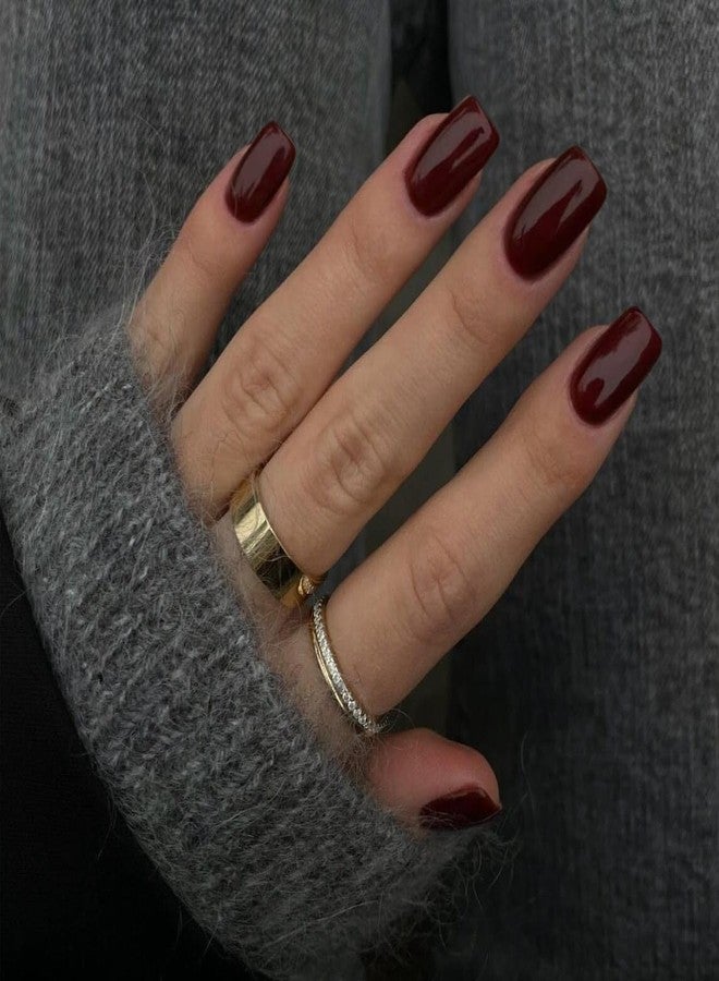 XCREANDO Burgundy Nails Press ons, Press on Nails Medium Square Glue on Nails Short Acrylic Glue on Medium Coffin Nail Gel Fake Nail False for Women, Thick Solid Color 24Pcs - Image 2
